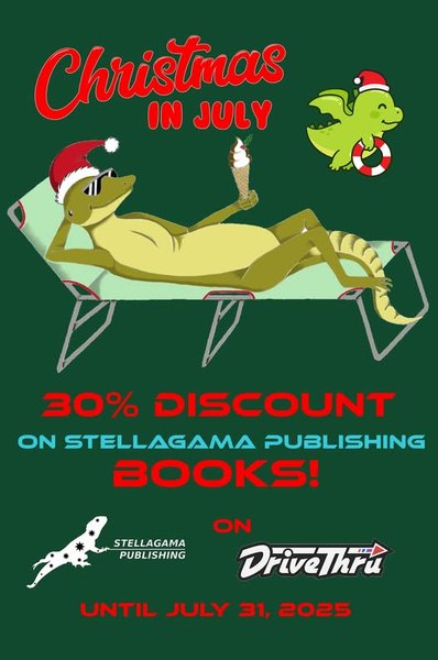 Promotional graphic of a lizard in a Santa hat and sunglasses lounging on a sun bed, advertising a 30% Christmas-in-July discount