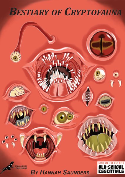 Cover for Bestiary of Cryptofauna: a red field crowded with monstrous eyes, fanged mouths and teeth