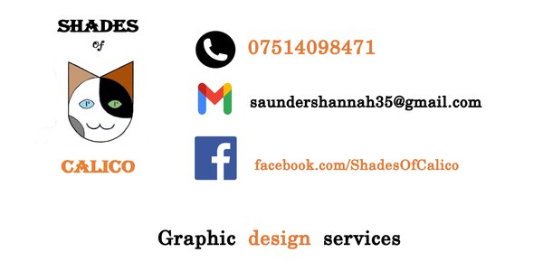 Shades of Calico business card showing the tricolor cat logo and graphic-design contact details
