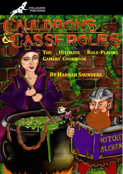 Cover for the Cauldrons & Casseroles role-playing gamers' cookbook: a witch stirring a bubbling green cauldron beside an armoured dwarf reading a recipe book