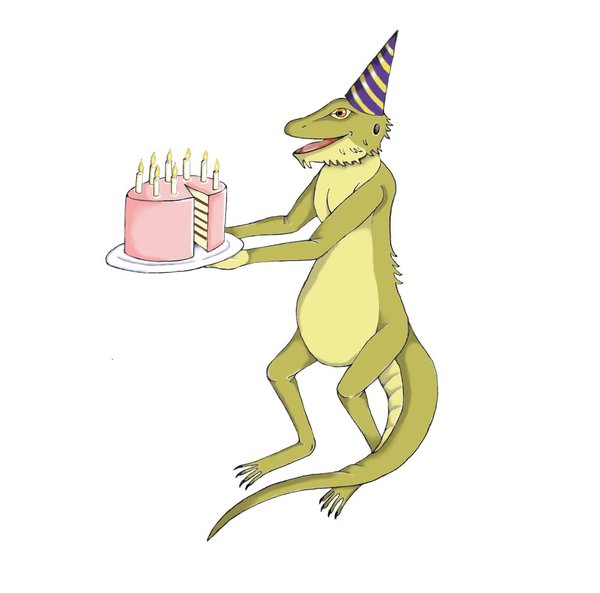 Illustration of a smiling lizard wearing a party hat and holding a pink birthday cake with lit candles