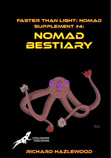Cover for Faster Than Light: Nomad Bestiary: a reddish many-limbed alien creature with large purple eyes on a black background