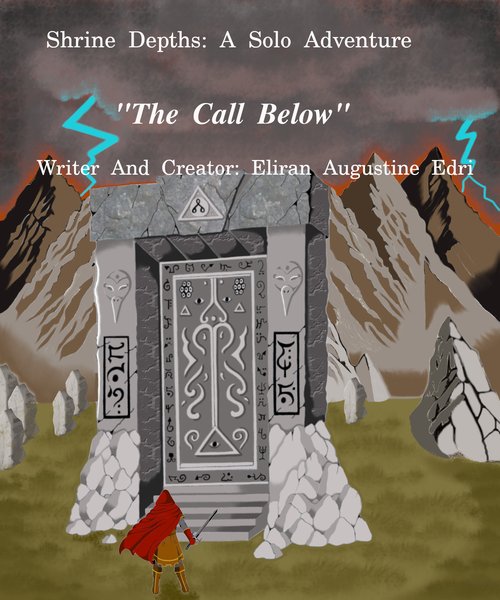 Cover for Shrine Depths: The Call Below: a red-hooded adventurer with a sword facing a rune-covered stone shrine beneath a stormy sky