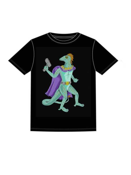 Black T-shirt design featuring a green lizard superhero in a purple cape, holding a hammer