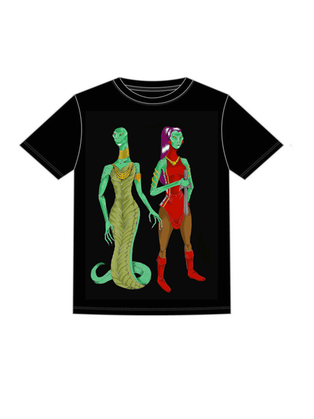 Black T-shirt design featuring two green reptilian women: one serpent-tailed in a gown, one in red armour holding a sword
